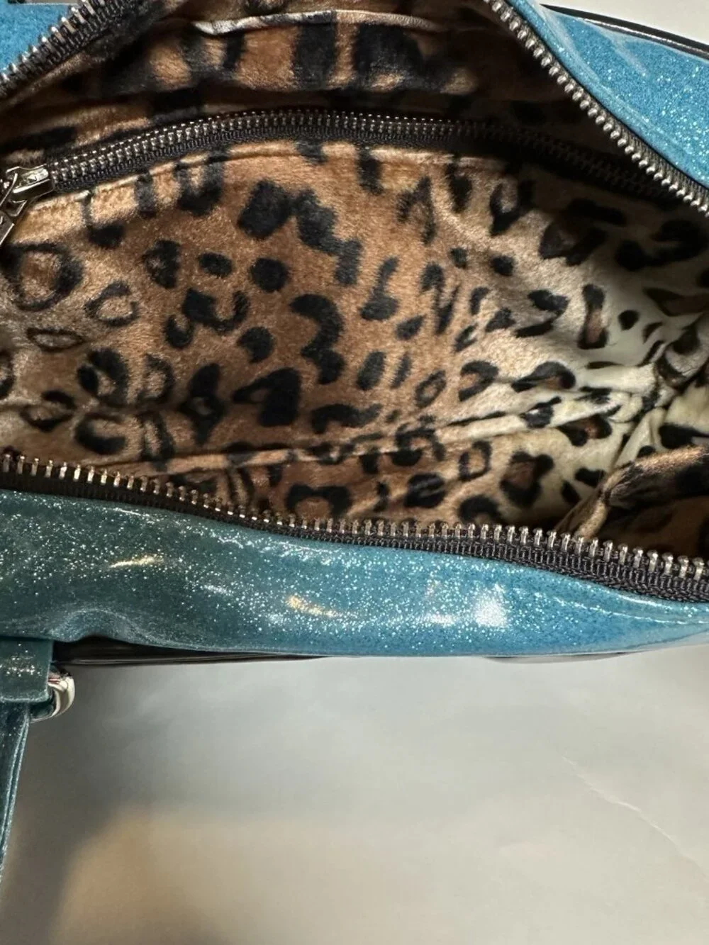 OOAK Trophy Queen Tuck and Roll Tote Blue Black Leopard Print Leather Hot Rod - Picture 13 of 13